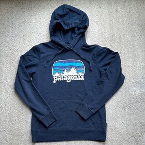 Patagonia Navy Hoodie with Mountain Logo
